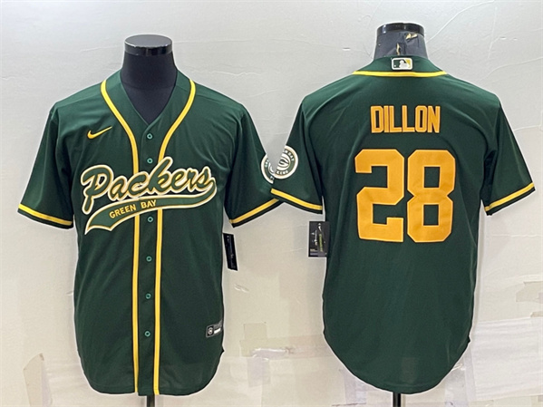 Men's Green Bay Packers #28 A.J. Dillon Green Gold With Patch Cool Base Stitched Baseball Jersey